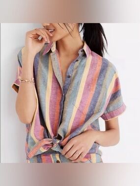 Madewell Pastel Multistripe Button-Front Tie-Hem Shirt